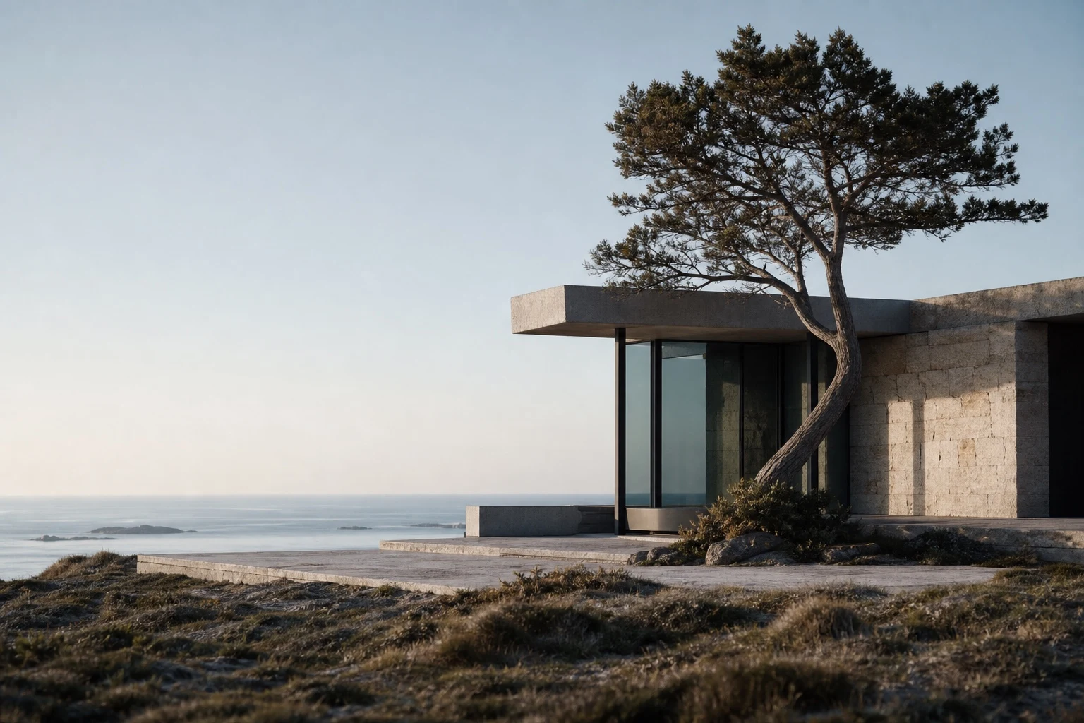 Veld Studio, minimalistischer Küstenpavillon zwischen Fels und Kiefern