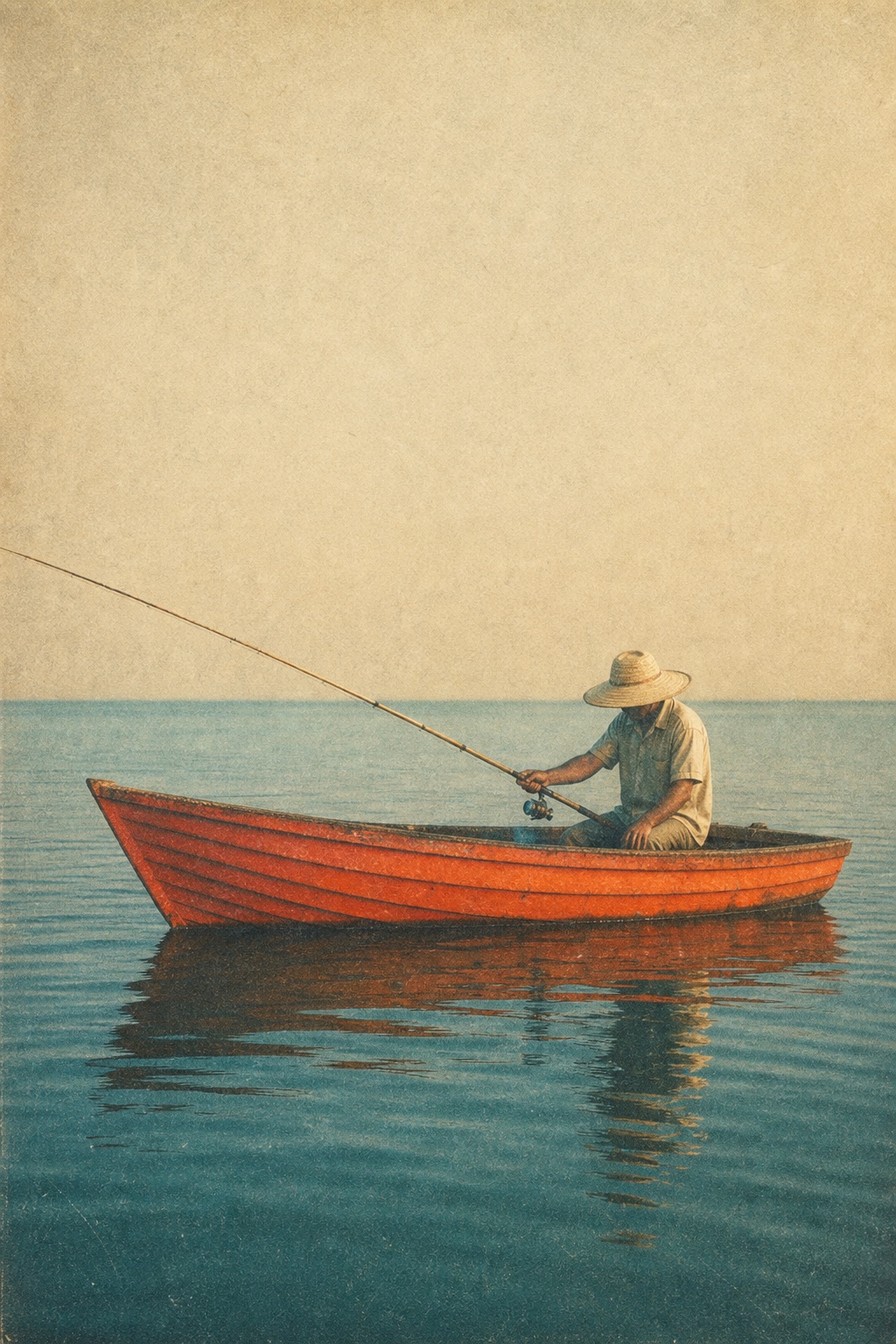 Ein Fischer sitzt in einem orangefarbenen Boot auf ruhigem blauem Wasser.