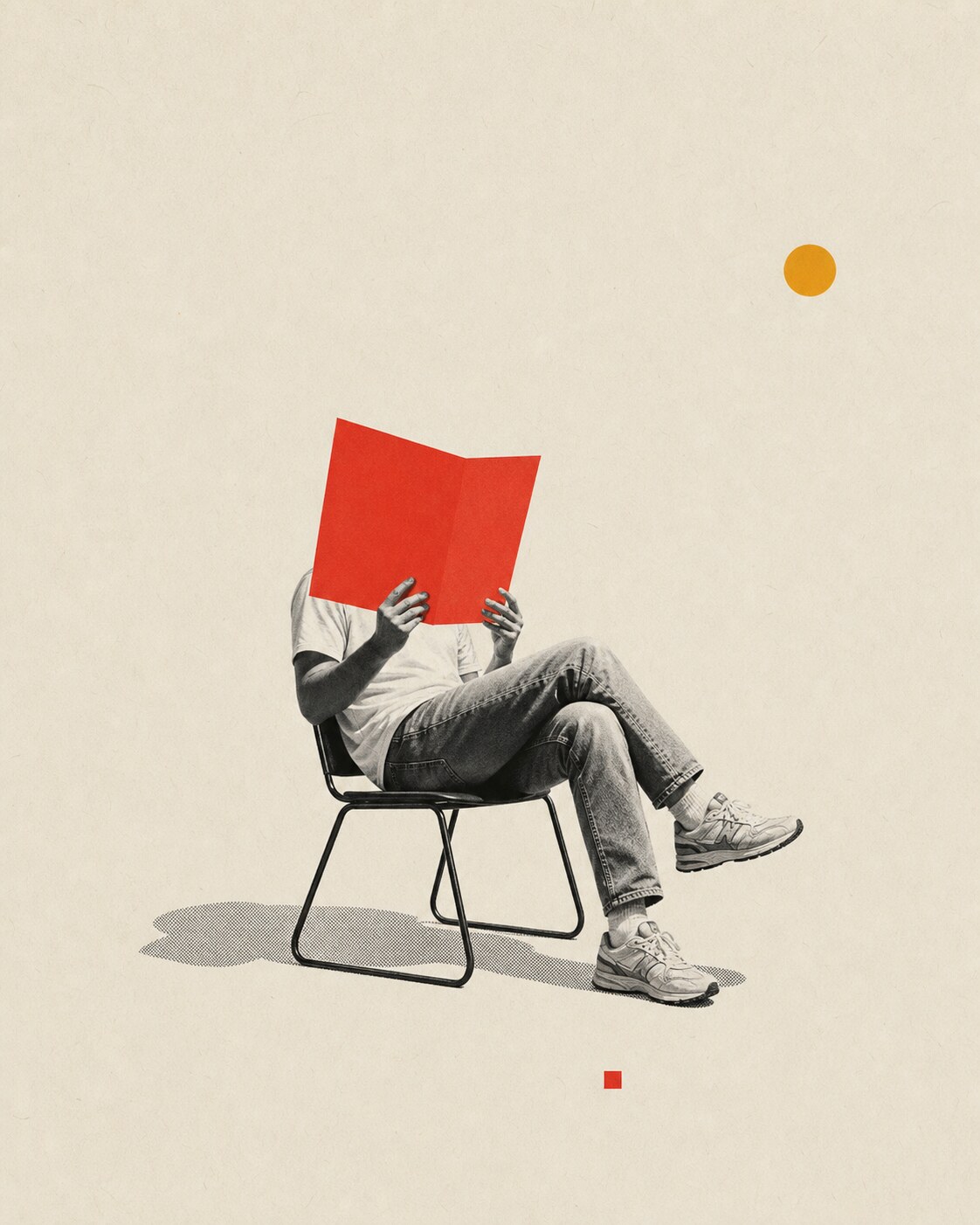 Eine sitzende monochrome Figur hält eine rote Papierfläche vor das Gesicht.