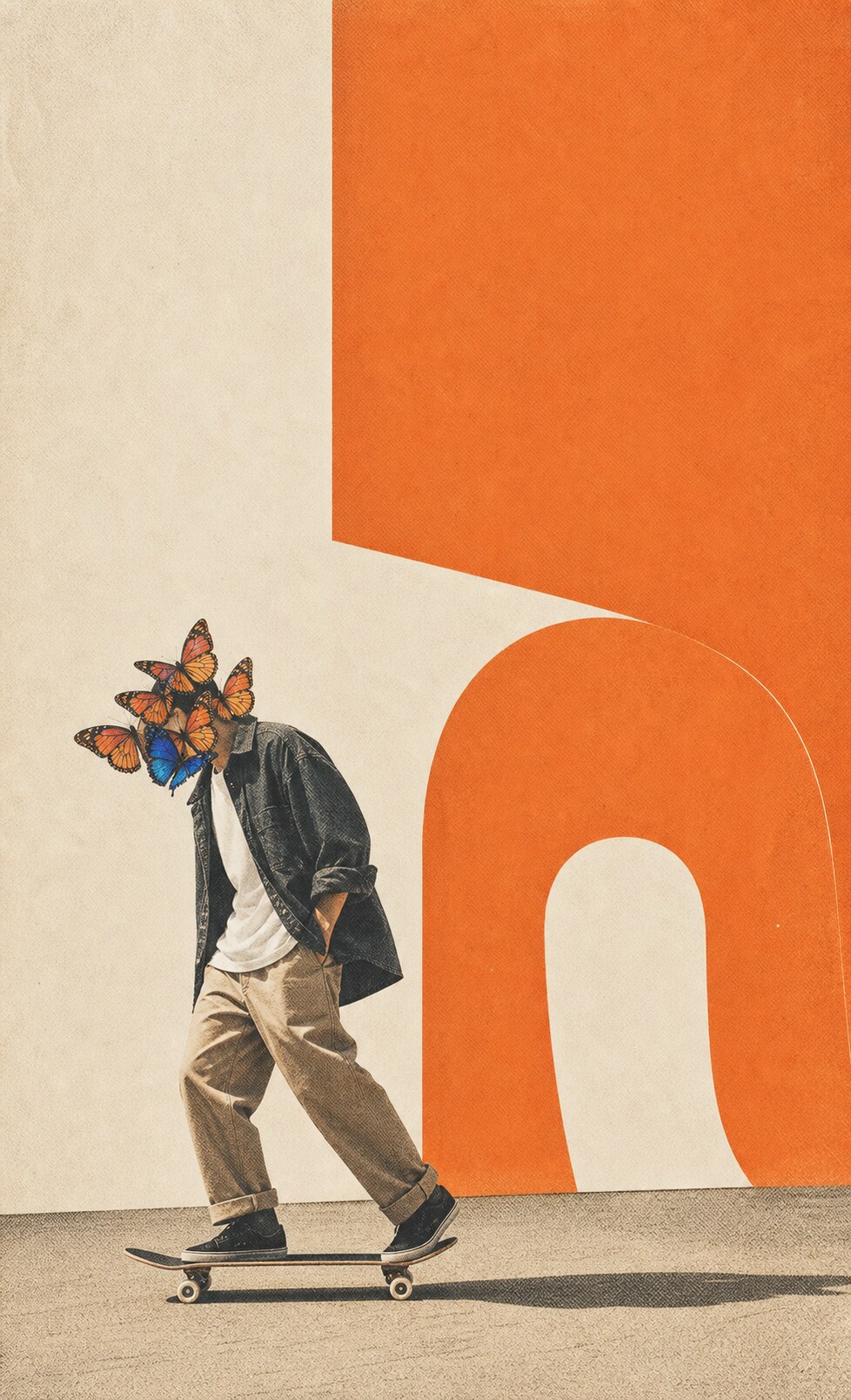 Ein Skateboarder fährt vor einer monumentalen orangefarbenen Form, sein Gesicht ist von Schmetterlingen verdeckt.