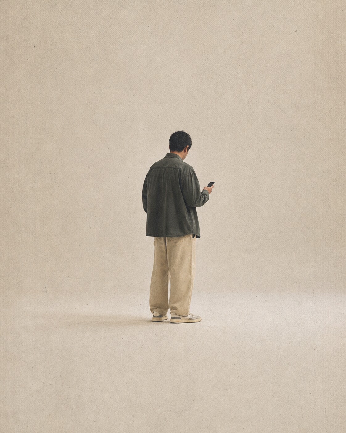 Eine anonyme Person steht allein in einem warmen, leinenartig strukturierten Raum und schaut auf ein Mobiltelefon.