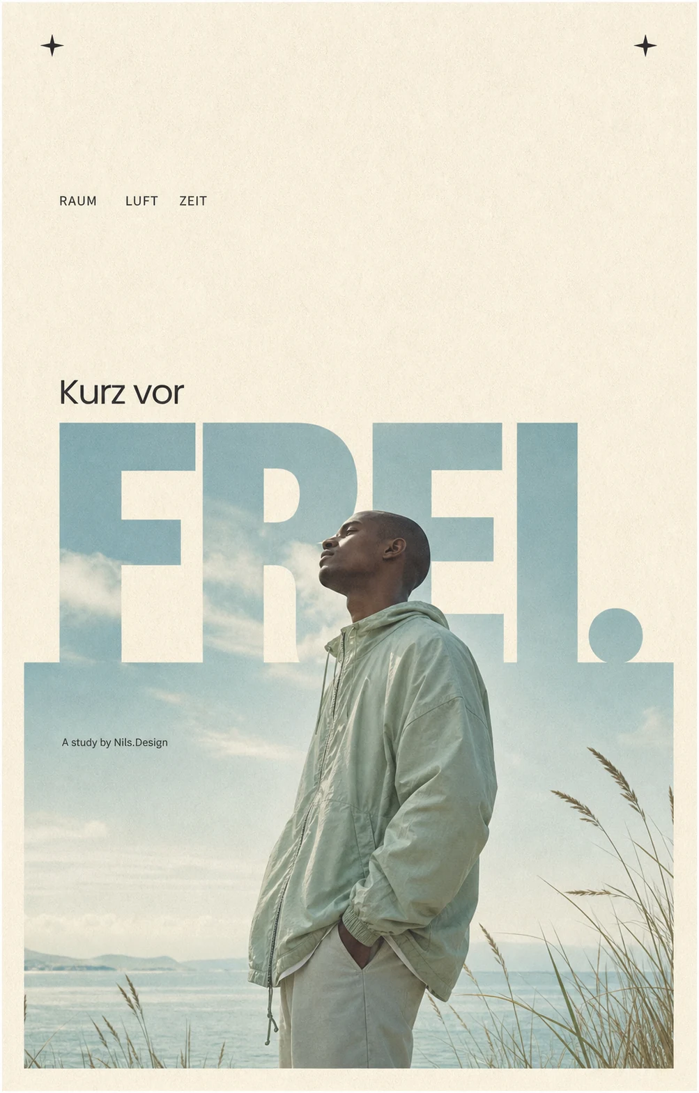 Editorial-Poster mit einem jungen Mann an der Küste und dem Text Kurz vor frei.