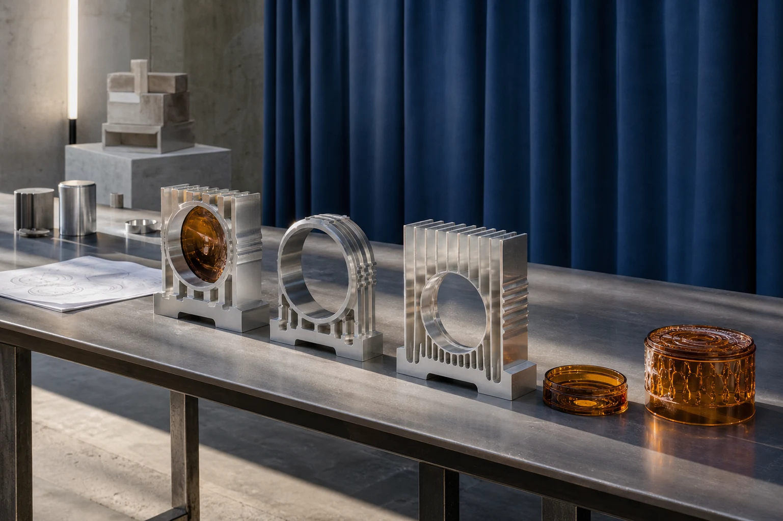 Material- und Formstudien aus Aluminium und bernsteinfarbenem Glas auf einem Studiotisch